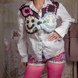 Happy Face Crochet Crop Top/Vest-Blue